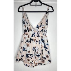 Gypsies & Moondust Romper Womens Medium Beige Floral Surplice V Neck Lace Trim